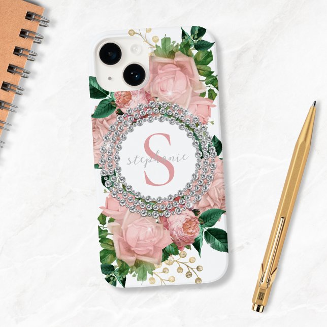 Sparkly Custom Pink Roses Diamonds Monogram  Case-Mate iPhone Case (Mockup View)