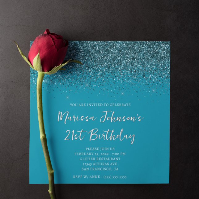 Sparkly Dark Teal Glitter Azure 21st Birthday Invitation (Sparkly Dark Teal Glitter Azure 21st Birthday Invitation)