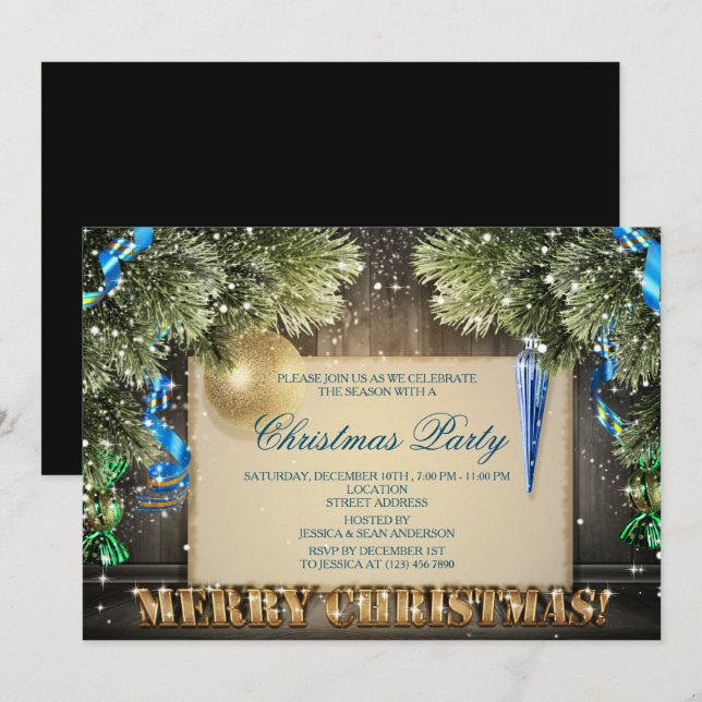 Sparkly Decorated Pine Christmas Party Invitation (Front/Back)