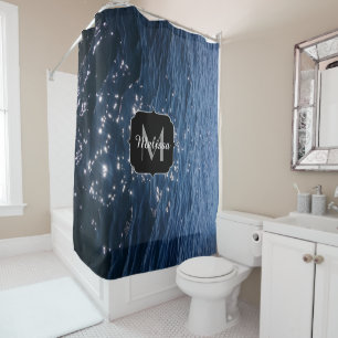 Sparkly Deep Blue Sea Waves Monogram Shower Curtain