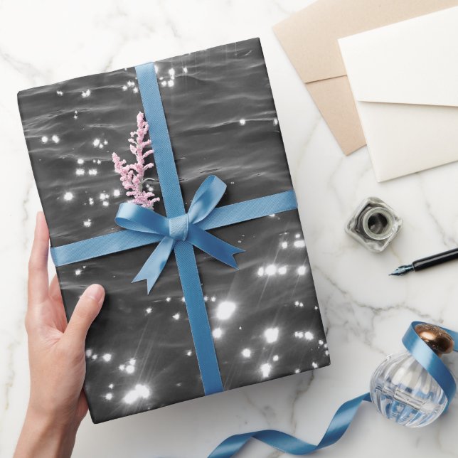 Sparkly Deep Sea Ocean Waves Black White Wrapping Paper (Gifting)