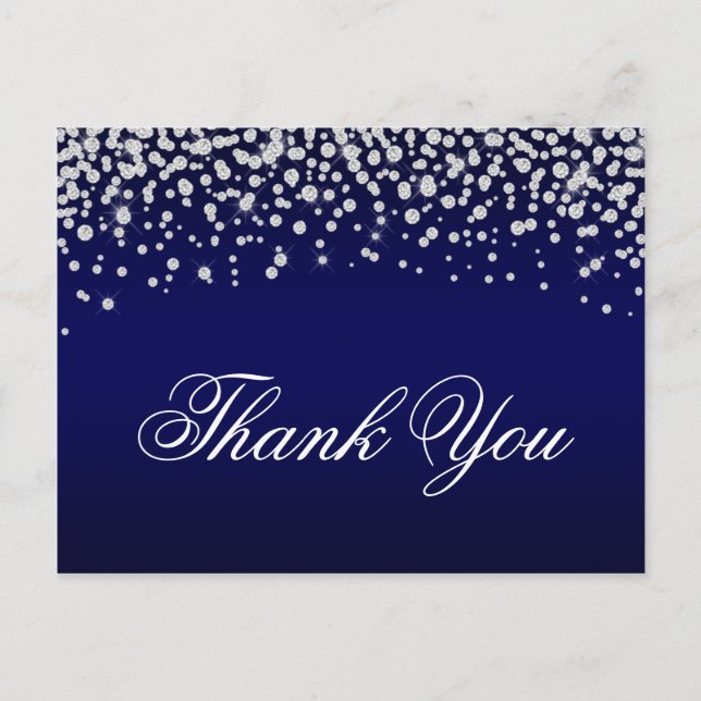Sparkly Diamond Confetti Navy Blue Ombre Thank You Postcard (Front)