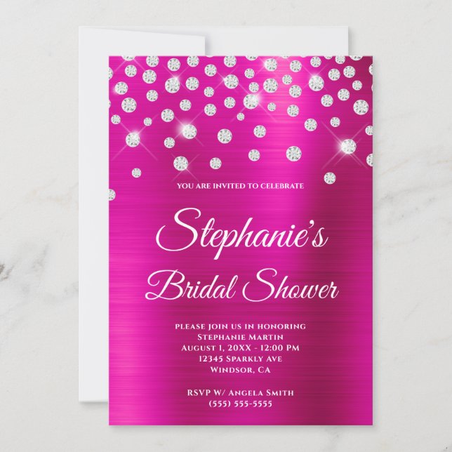 Sparkly Diamond Hot Pink Satin Foil Bridal Shower Invitation (Front)