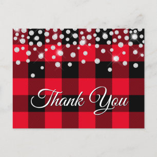 Sparkly Diamond Red Buffalo Plaid Thank You Postcard