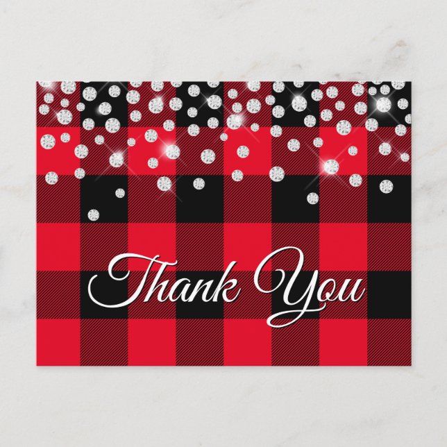 Sparkly Diamond Red Buffalo Plaid Thank You Postcard (Front)