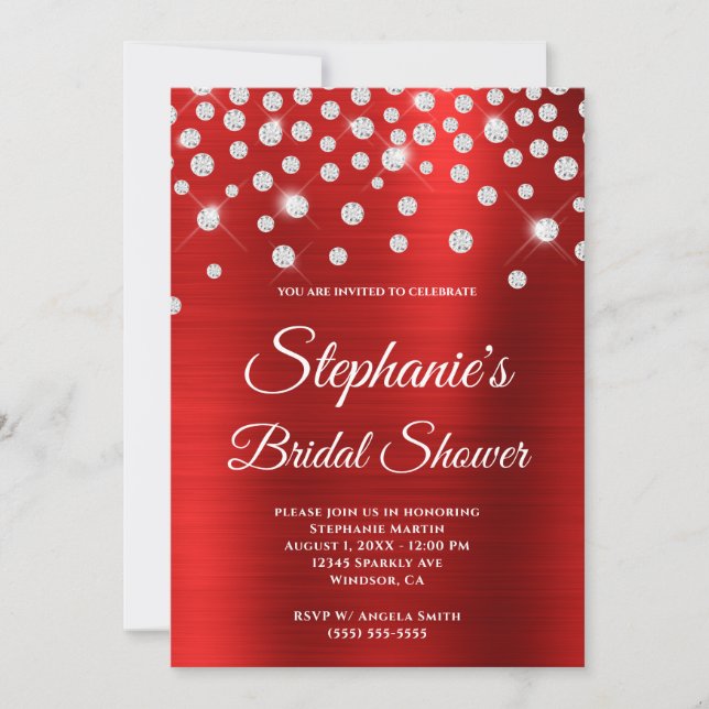 Sparkly Diamond Red Satin Foil Bridal Shower Invitation (Front)
