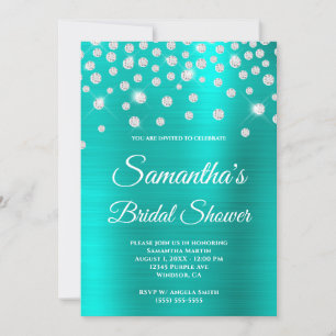 Sparkly Diamond Turquoise Satin Foil Bridal Shower Invitation