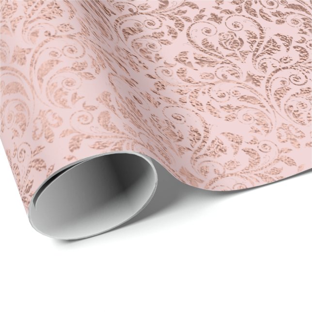 Sparkly Diamonds Blush Damask Pink Rose Gold Wrapping Paper (Roll Corner)