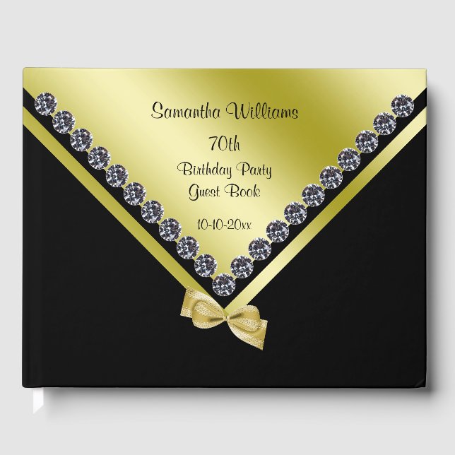 Sparkly Diamonds & Gold Bow 70th Birthday Guest Book (Front)