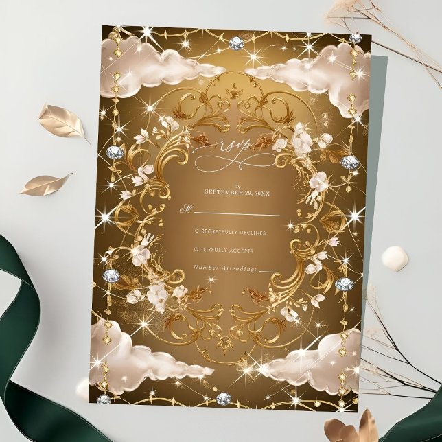 Sparkly Diamonds Golden florals Wedding RSVP Card (Creator Uploaded)