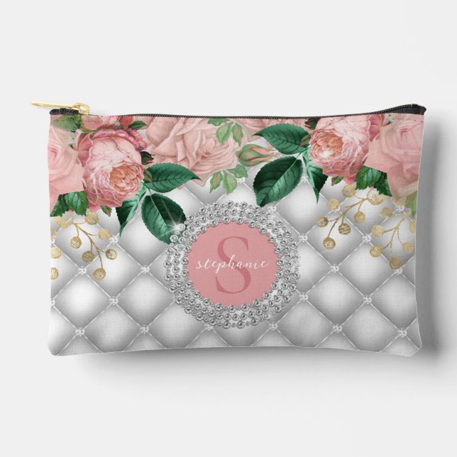 Sparkly Diamonds Pink Roses Monogram  Accessory Pouch (Front)