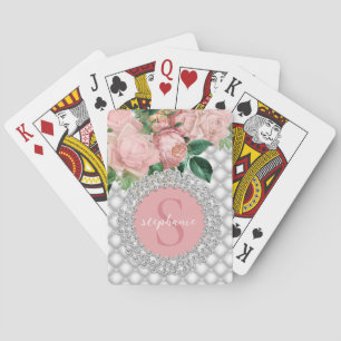 Sparkly Diamonds Pink Roses Monogram  Playing Cards