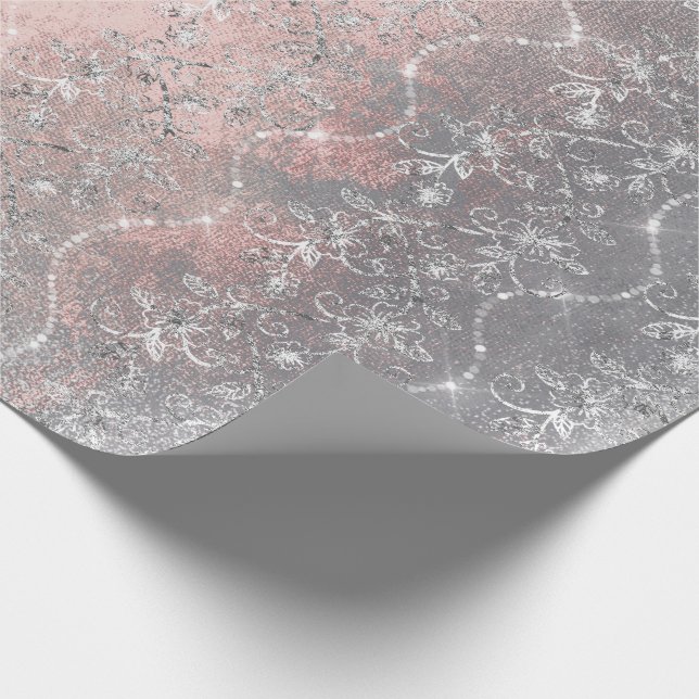 Sparkly Diamonds Silver Floral Pink Gray Brush Wrapping Paper (Corner)