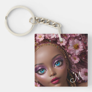 Sparkly Doll Glitter and Flowers Key Ring