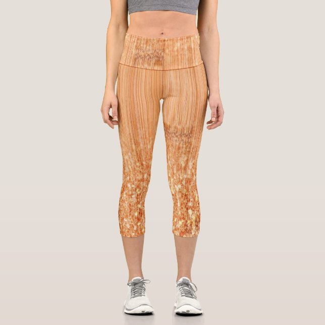 Sparkly elegant orange bamboo wood print capri leggings (Front)