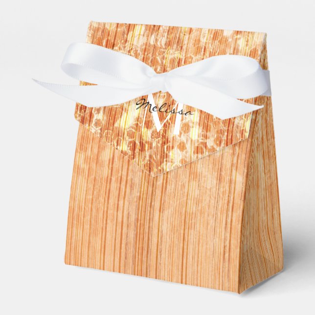 Sparkly elegant orange bamboo wood print favour box (Front Side)