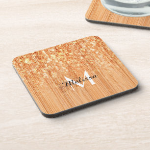 Sparkly elegant orange bamboo wood print Monogram Coaster
