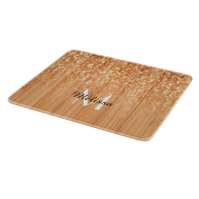 Sparkly elegant orange bamboo wood print Monogram Cutting Board (Corner)