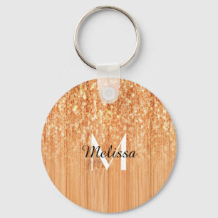Sparkly elegant orange bamboo wood print Monogram Key Ring