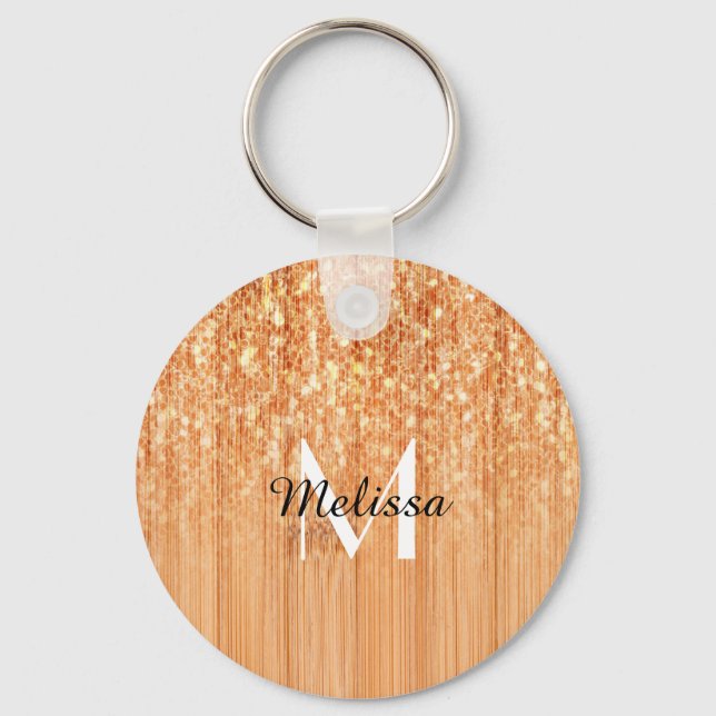 Sparkly elegant orange bamboo wood print Monogram Key Ring (Front)