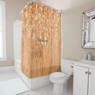Sparkly elegant orange bamboo wood print Monogram Shower Curtain