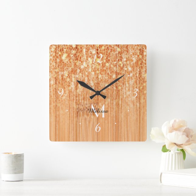 Sparkly elegant orange bamboo wood print Monogram Square Wall Clock (Home)