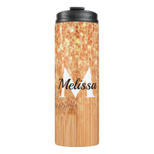 Sparkly elegant orange bamboo wood print Monogram Thermal Tumbler