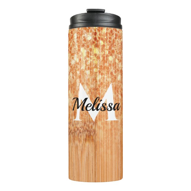 Sparkly elegant orange bamboo wood print Monogram Thermal Tumbler (Front)