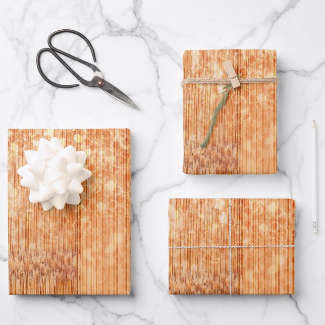 Sparkly elegant orange bamboo wood print wrapping paper sheet (Front)