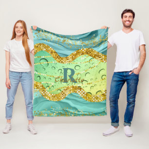 Sparkly Emerald Green Monogram   Luminous Gradient Fleece Blanket