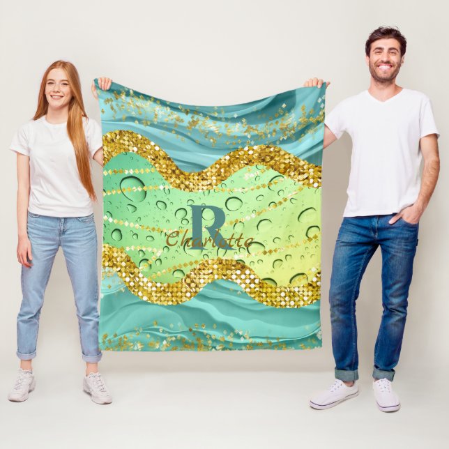 Sparkly Emerald Green Monogram | Luminous Gradient Fleece Blanket (In Situ)