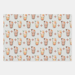 Sparkly Fall Drinks Kawaii Pastel Pattern Wrapping Paper Sheet