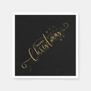 Sparkly Faux Gold Flake Merry Christmas on Black Napkin