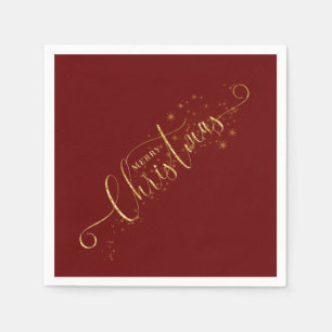 Sparkly Faux Gold Flake Merry Christmas on Red Napkin
