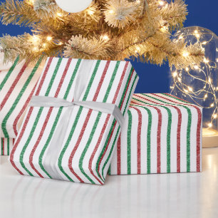 Sparkly Faux Red & Green Glitter Stripes Christmas Wrapping Paper