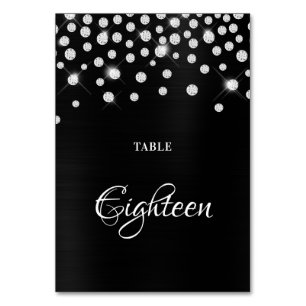 Sparkly Faux Silver Diamonds Black Satin Foil Table Number