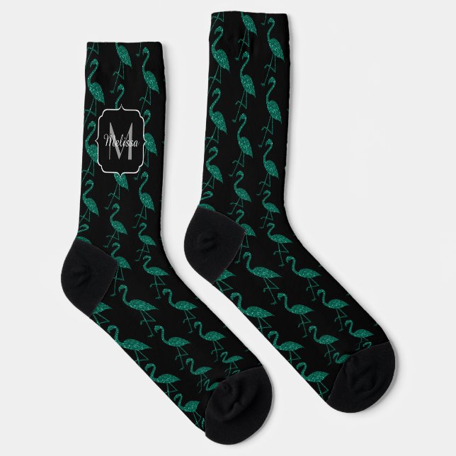 Sparkly flamingo Emerald glitter pattern Monogram Socks (Right)