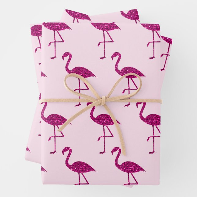 Sparkly flamingo glitter pattern pink wrapping paper sheet (In situ)