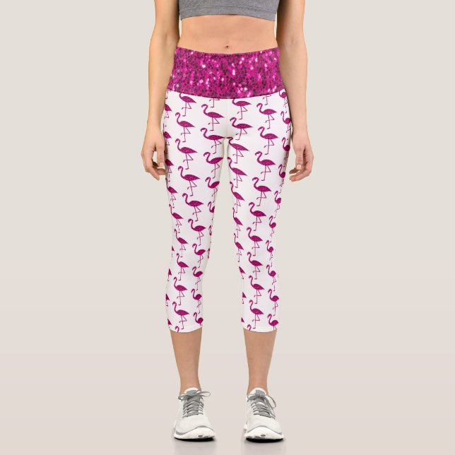 Sparkly flamingo hot pink faux sparkles on white capri leggings (Front)
