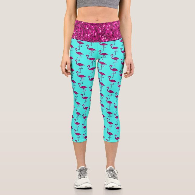 Sparkly flamingo hot pink faux sparkles Teal blue Capri Leggings (Front)