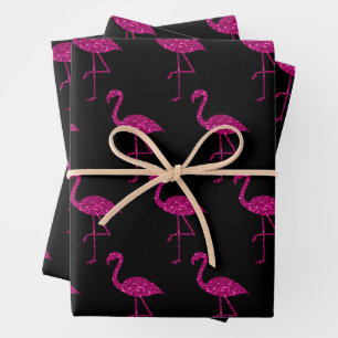 Sparkly flamingo Pink glitter pattern Black Wrapping Paper Sheet