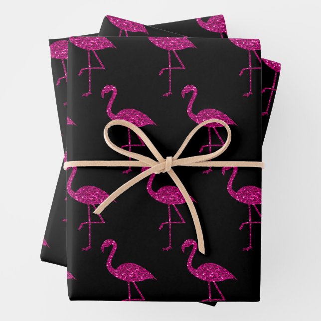 Sparkly flamingo Pink glitter pattern Black Wrapping Paper Sheet (In situ)