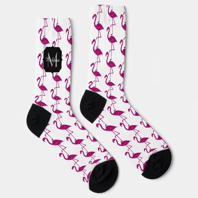 Sparkly flamingo Pink glitter pattern Monogram Socks (Right)
