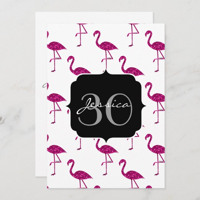 Sparkly flamingo Pink pattern Monogram invitation (Front/Back)