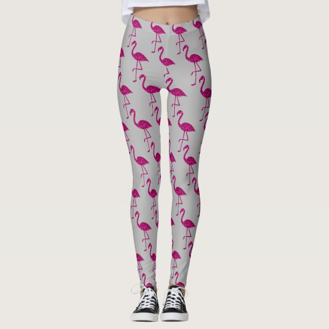 Sparkly flamingo Pink sparkles pattern grey Leggings (Front)