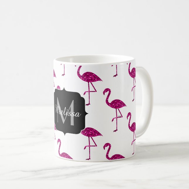 Sparkly flamingo Pink sparkles pattern Monogram Coffee Mug (Front Right)