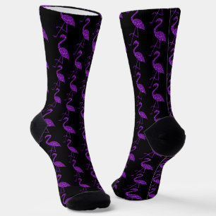 Sparkly flamingo Purple glitter pattern black Socks