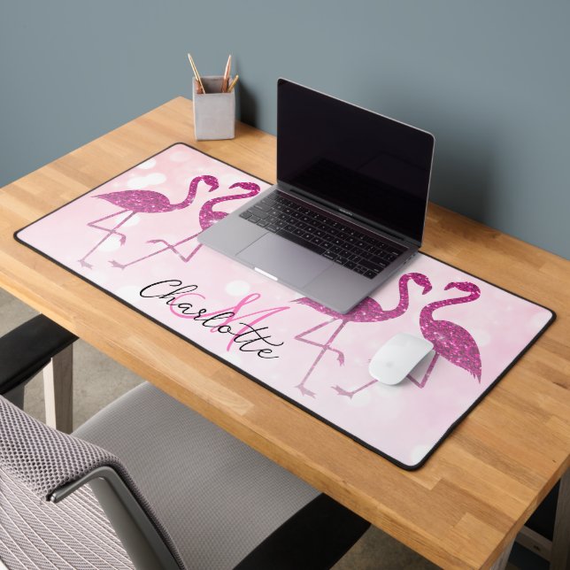 Sparkly flamingos Pink glitter sparkles Monogram Desk Mat (Office 2)