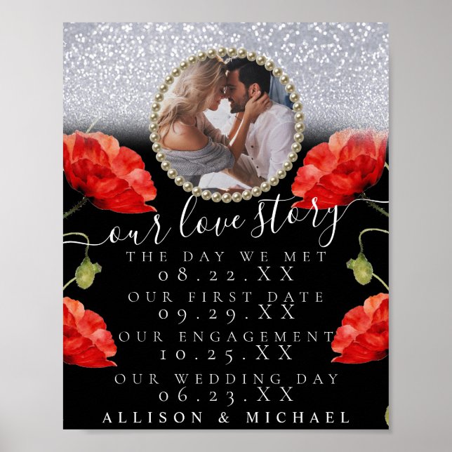 Sparkly Floral Photo Our Love Story Wedding Sign (Front)