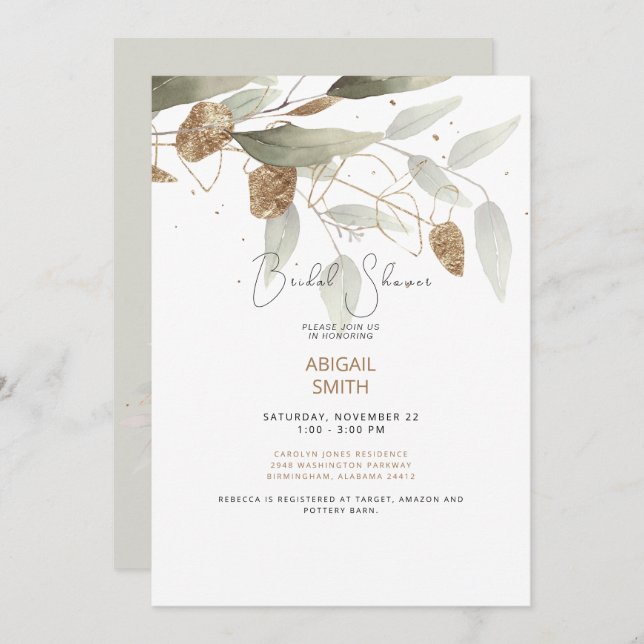 Sparkly Foliage Taupe Bridal Shower Invitation (Front/Back)